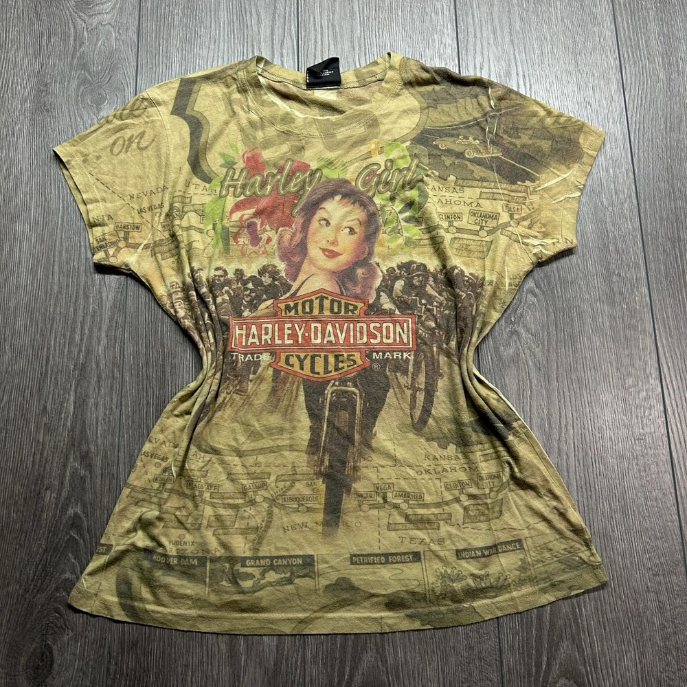 Harley-Davidson Harley Girl Map Pin Up Graphic T-Shirt Tan y2k Gastonia NC